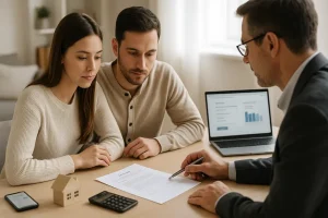 Jovem casal e consultor financeiro analisam crédito habitação em ambiente moderno e iluminado.