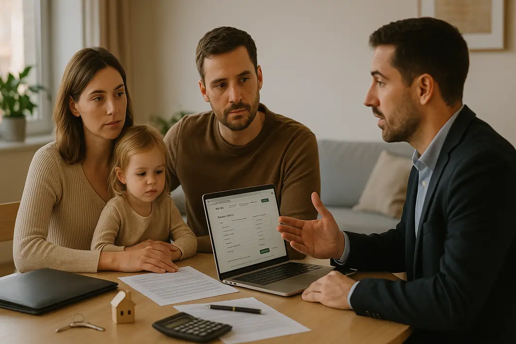 Casal com criança em apartamento moderno discute seguros de vida em ambiente acolhedor e sereno.