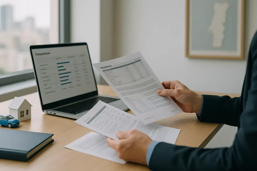Consultor analisa documentos de seguros em um escritório moderno, transmitindo confiança e especialização.