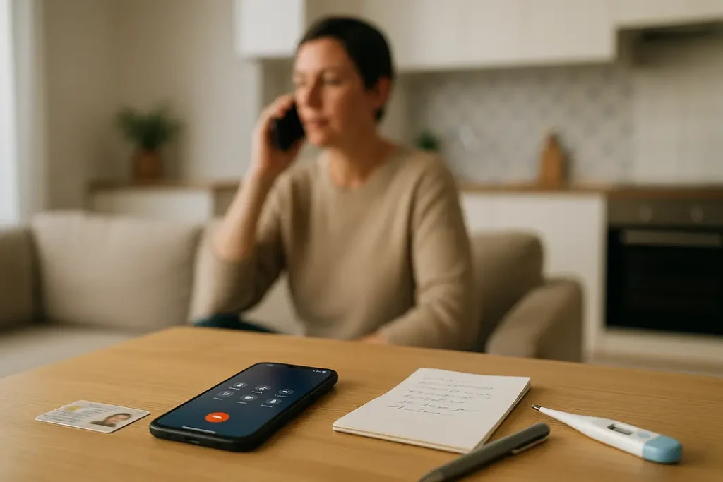 Interior minimalista com smartphone e objetos de saúde, conectando hospitalidade e bem-estar em Portugal.