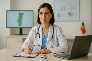 Profissional de saúde pública em ambiente moderno em Portugal, focado na proteção da população.