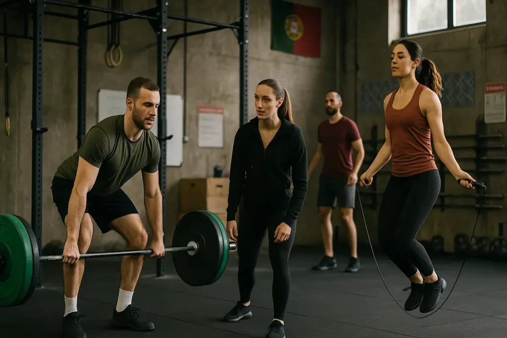 diverse group training in a CrossFit box in Portugal with functional exercises and a supportive coach