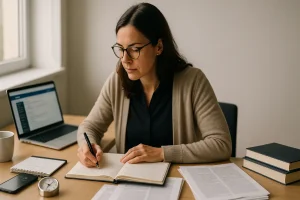 doutorando estudando em casa com computador caderno e livros em ambiente minimalista e acolhedor