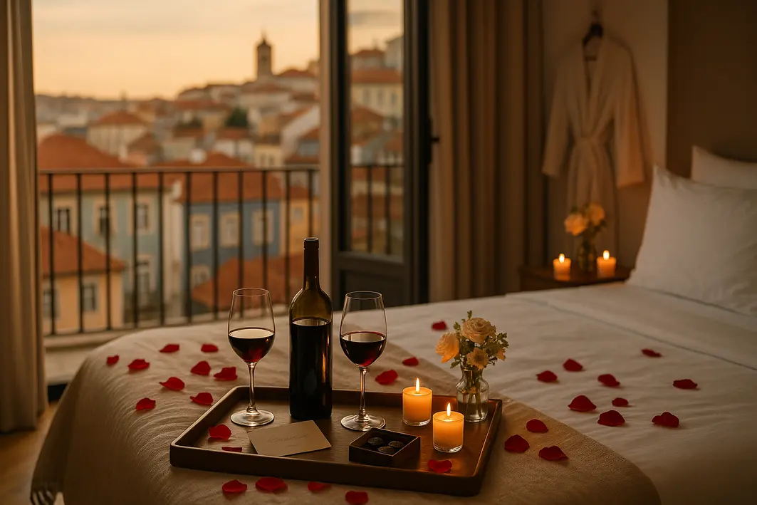 elegante suite de hotel com cama branca taças de vinho e vista para telhados de terracota ao entardecer