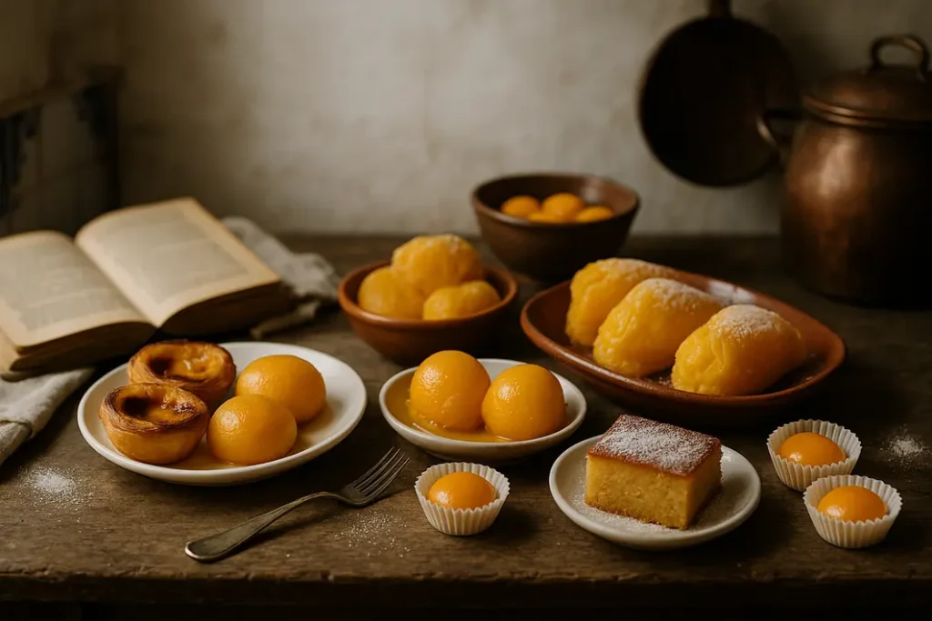 fotografia hiper-realista de doces conventuais portugueses em ambiente de mosteiro com luz suave natural