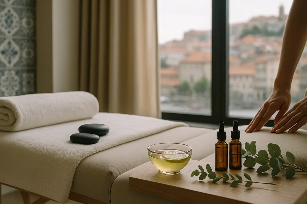 interior de spa urbano no porto com luz natural toalhas brancas pedras quentes e detalhes sofisticados