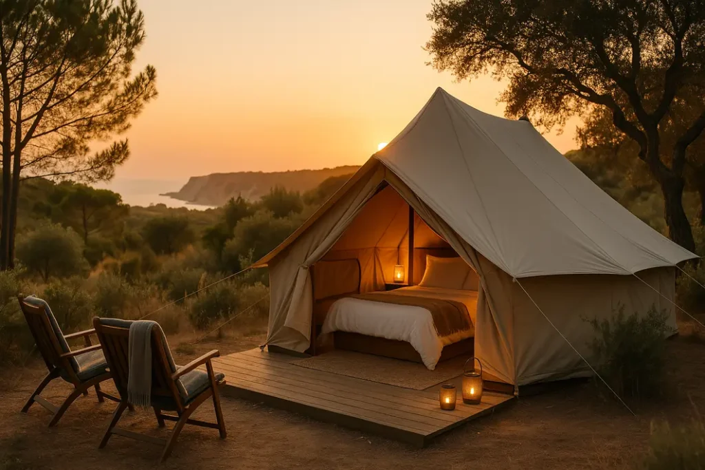 luxury glamping tent in nature at sunset warm light cozy interior and inviting outdoor seating