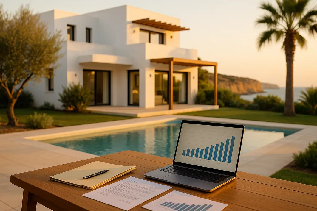 moderna villa no algarve com piscina jardim oliveiras e vista mar ao entardecer atmosfera aspiracional