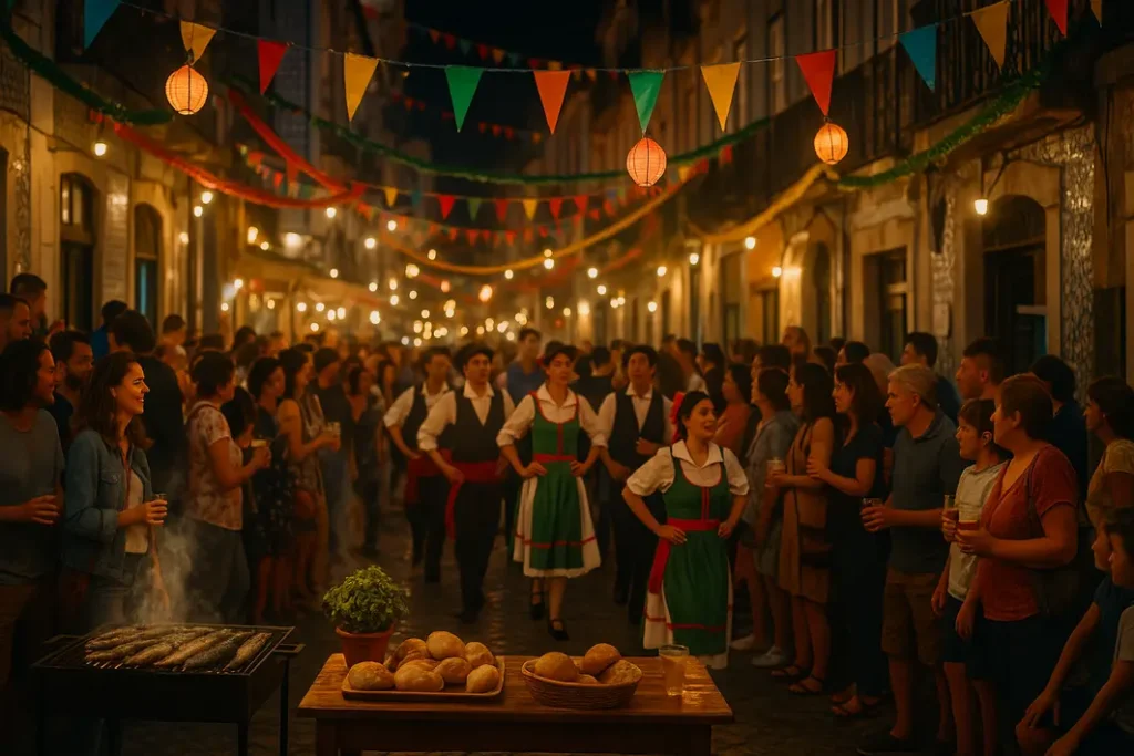 noite vibrante de santos populares em bairro histórico português pessoas celebrando com alegria autêntica