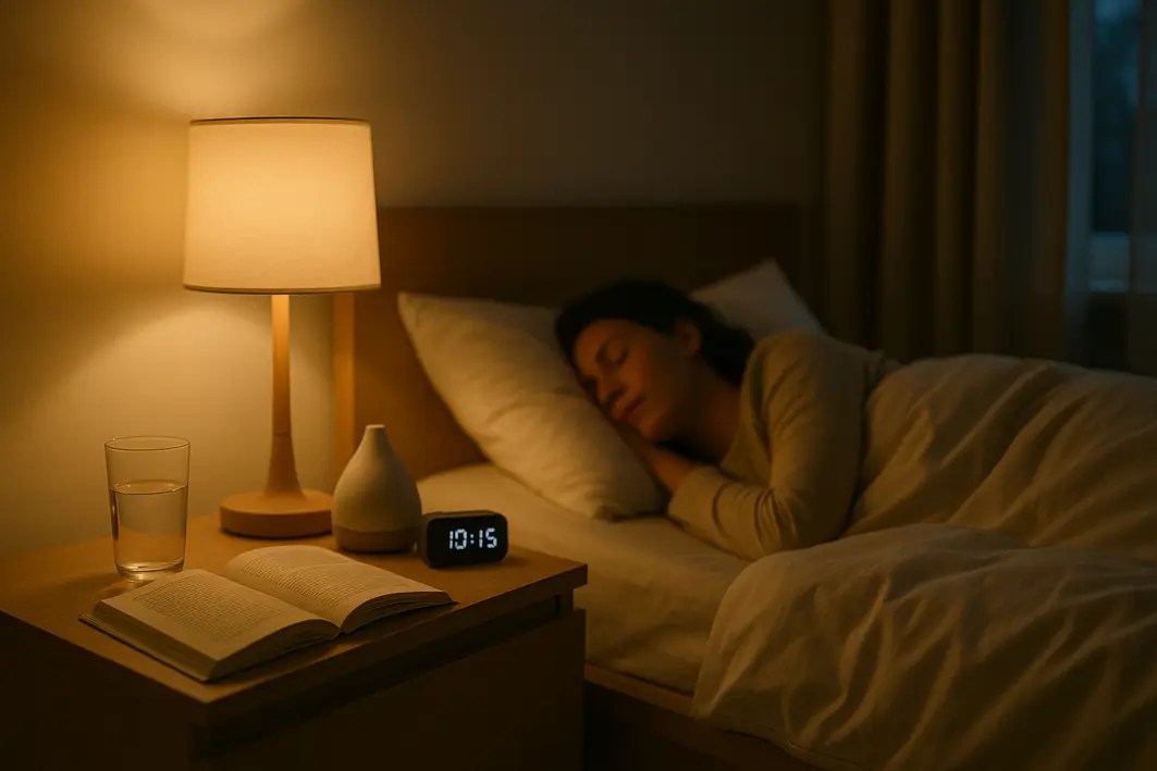 quarto moderno à noite com pessoa dormindo serenamente ambiente acolhedor e rotina de sono saudável