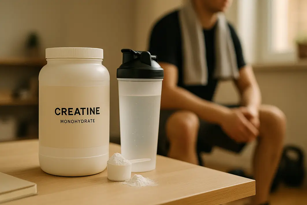 realistic hero image of creatine powder and shaker in a sports nutrition setting with an athlete in background