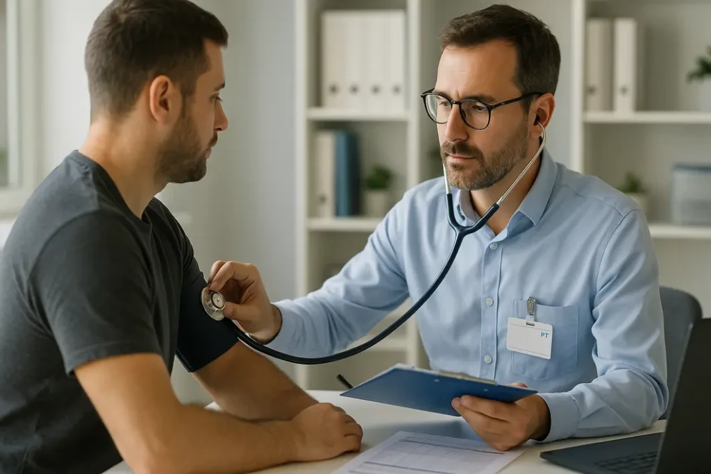 sessão de saúde ocupacional em ambiente moderno com exames de rotina e profissionalismo em portugal