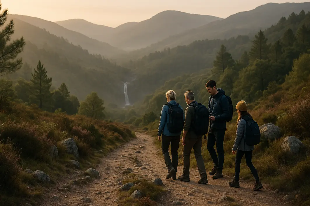 trilhos no gerês ao amanhecer com caminhantes em um caminho natural entre montanhas e névoa leve