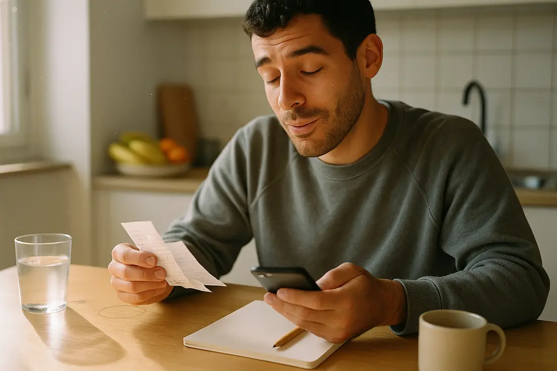 Jovem profissional português a organizar recibos e anotações em mesa de cozinha iluminada.