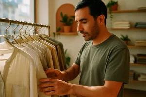 Adulto português seleciona rModa sustentável em Portugal: tendências e dicasoupa sustentável numa boutique de moda em Lisboa com luz suave.
