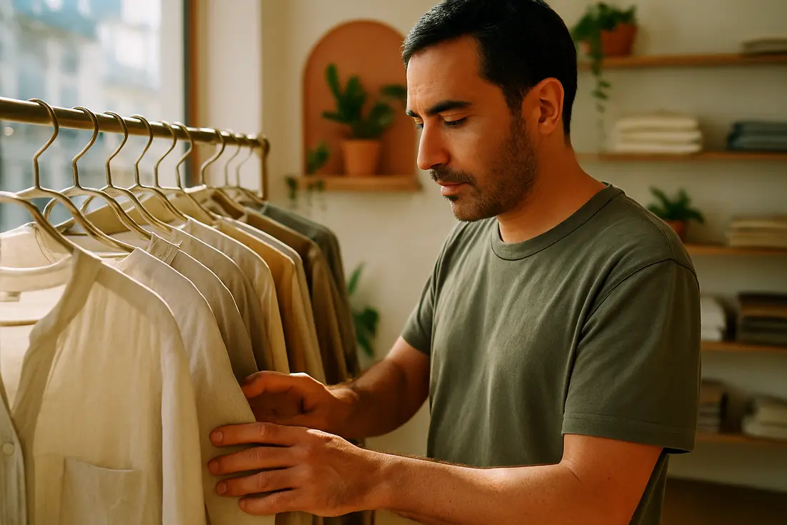 Adulto português seleciona rModa sustentável em Portugal: tendências e dicasoupa sustentável numa boutique de moda em Lisboa com luz suave.
