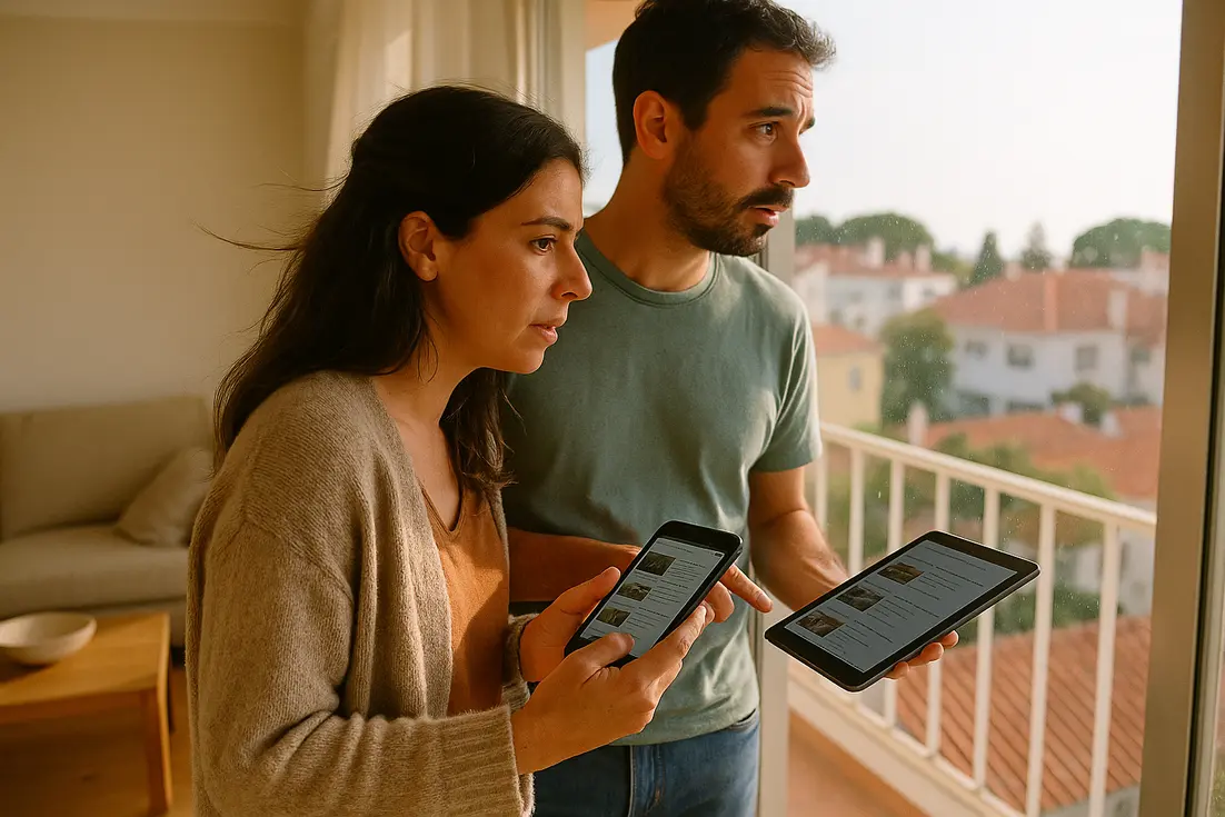 Casal jovem de Lisboa compara ofertas de aluguer num balcão com a vista do bairro ao fundo