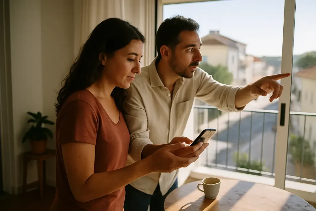 Casal português a comparar opções de arrendamento num apartamento luminoso em Setúbal.