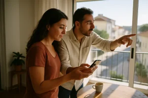 Casal português a comparar opções de arrendamento num apartamento luminoso em Setúbal.
