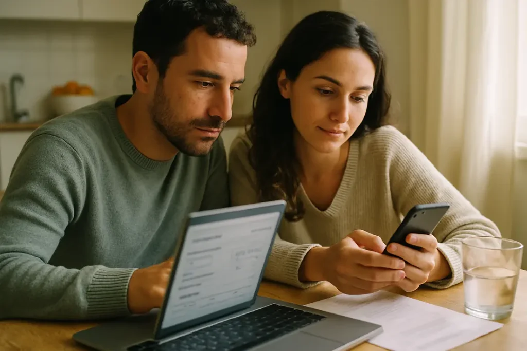 Simulador seguro de vida: calcule o preço online. Casal português a planear hipoteca junto à mesa, serenos e focados em ambientes naturais.