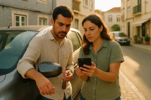 Casal português ao lado do carro a comparar opções de cobertura num dia de sol numa rua residencial.