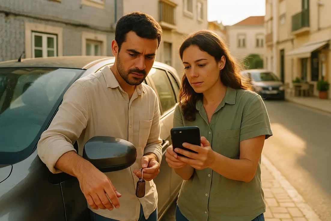 Casal português ao lado do carro a comparar opções de cobertura num dia de sol numa rua residencial.
