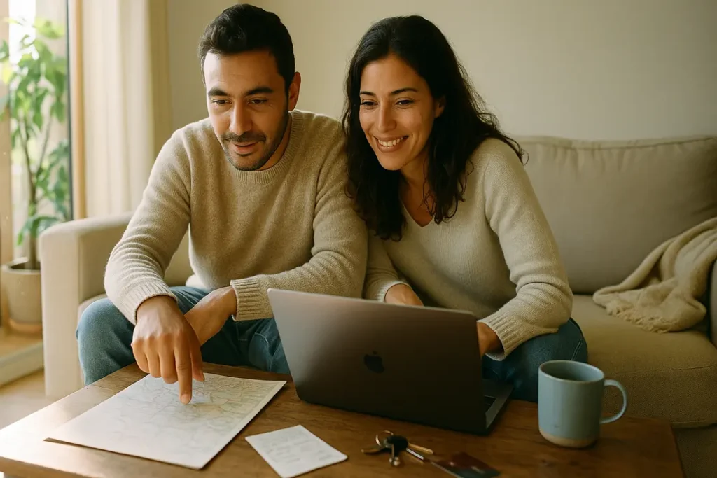Casal portugArrendar apartamento em Viseu: tudo o que precisa de saberuês em sofá a comparar alugueres com laptop e mapa, ambiente calmo e luminoso.