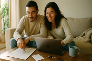 Casal portugArrendar apartamento em Viseu: tudo o que precisa de saberuês em sofá a comparar alugueres com laptop e mapa, ambiente calmo e luminoso.