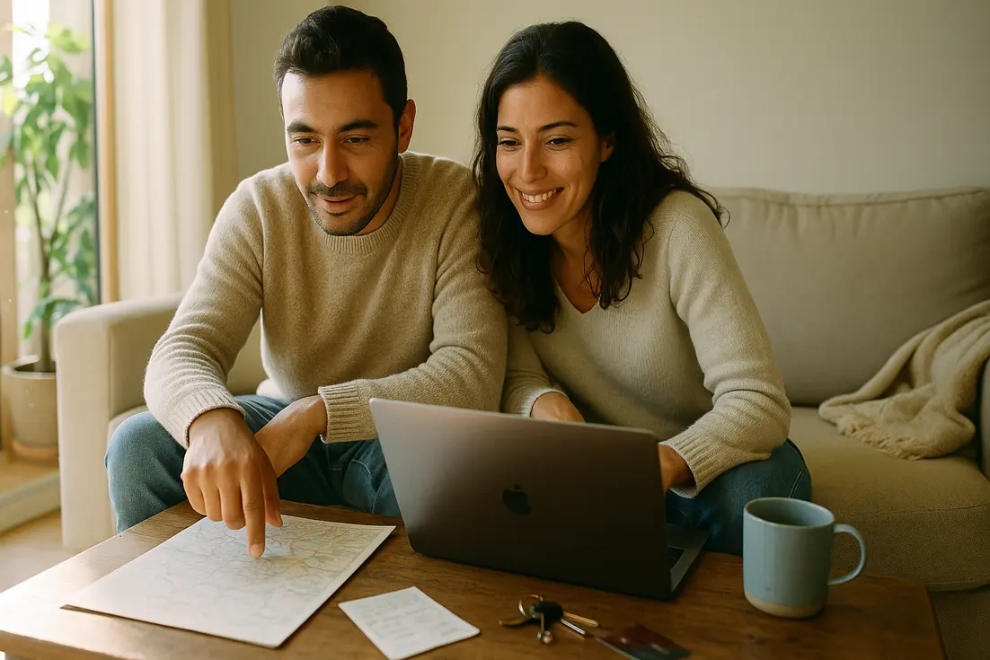 Casal portugArrendar apartamento em Viseu: tudo o que precisa de saberuês em sofá a comparar alugueres com laptop e mapa, ambiente calmo e luminoso.