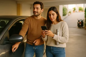 Casal português vê opções de cobertura para o carro no parqueamento de um edifício moderno.