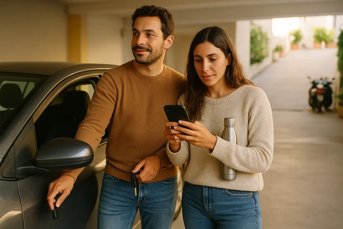 Casal português vê opções de cobertura para o carro no parqueamento de um edifício moderno.