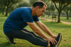 Adulto a fazer alongamentos em parque de Lisboa, ambiente tranquilo e natural de manhã cedo