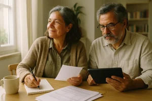 Casal português a comparar documentos à mesa em ambiente acolhedor e luminoso de cozinha.