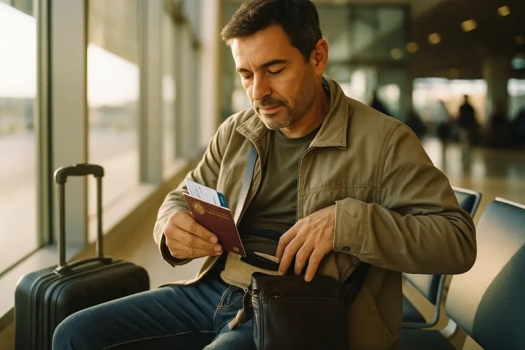 Viajante português num aeroporto verifica documentos à luz suave de um grande janela.